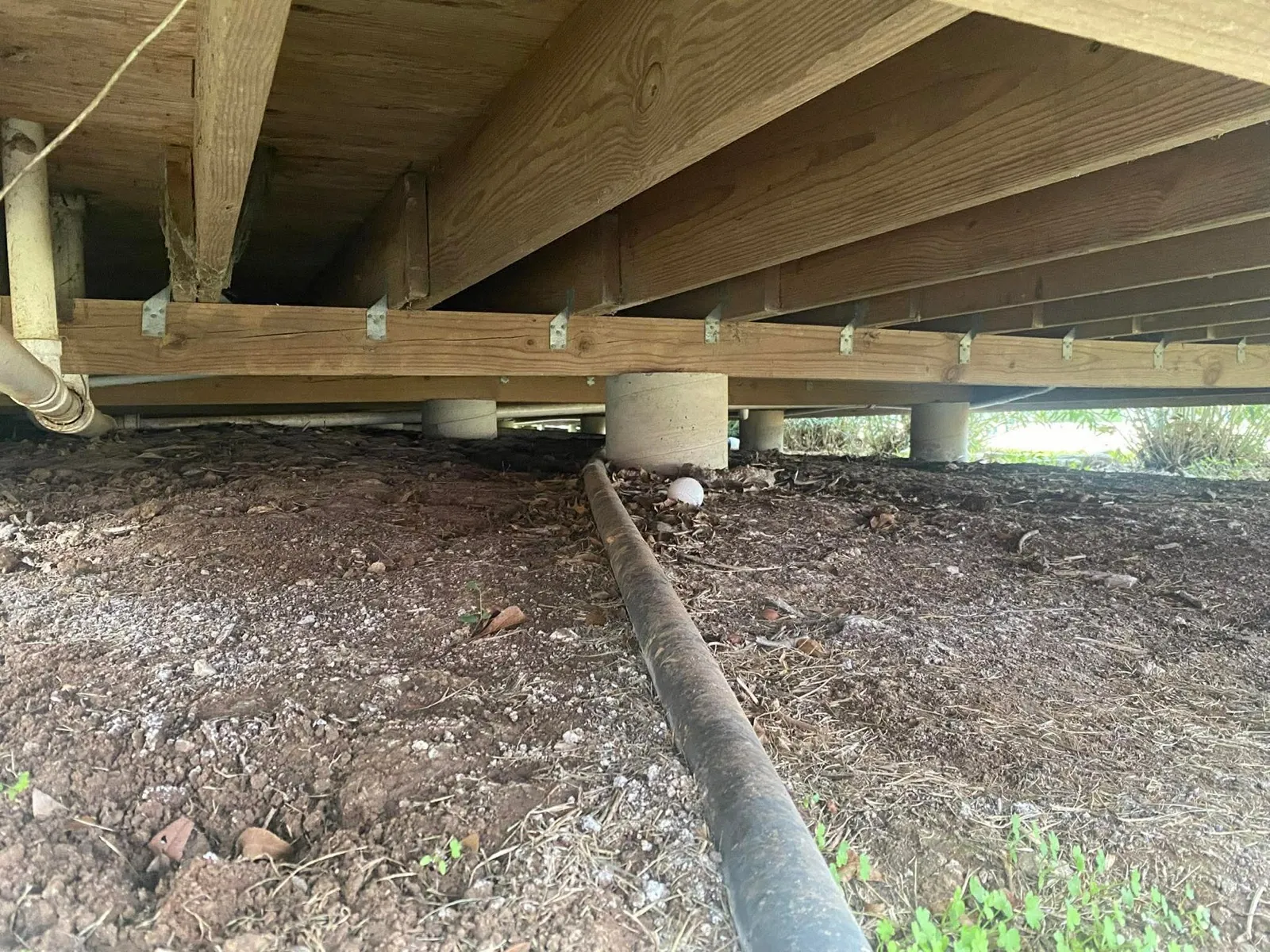 Raised home exterior showing visible foundation support conditions